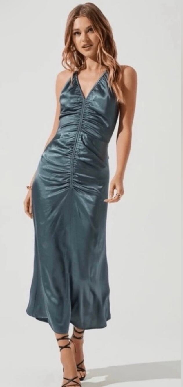 ASTR The Label Dress SZ Medium NEW Toledo Blue Midi Ruched Halter Formal NWOT